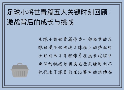 足球小将世青篇五大关键时刻回顾：激战背后的成长与挑战